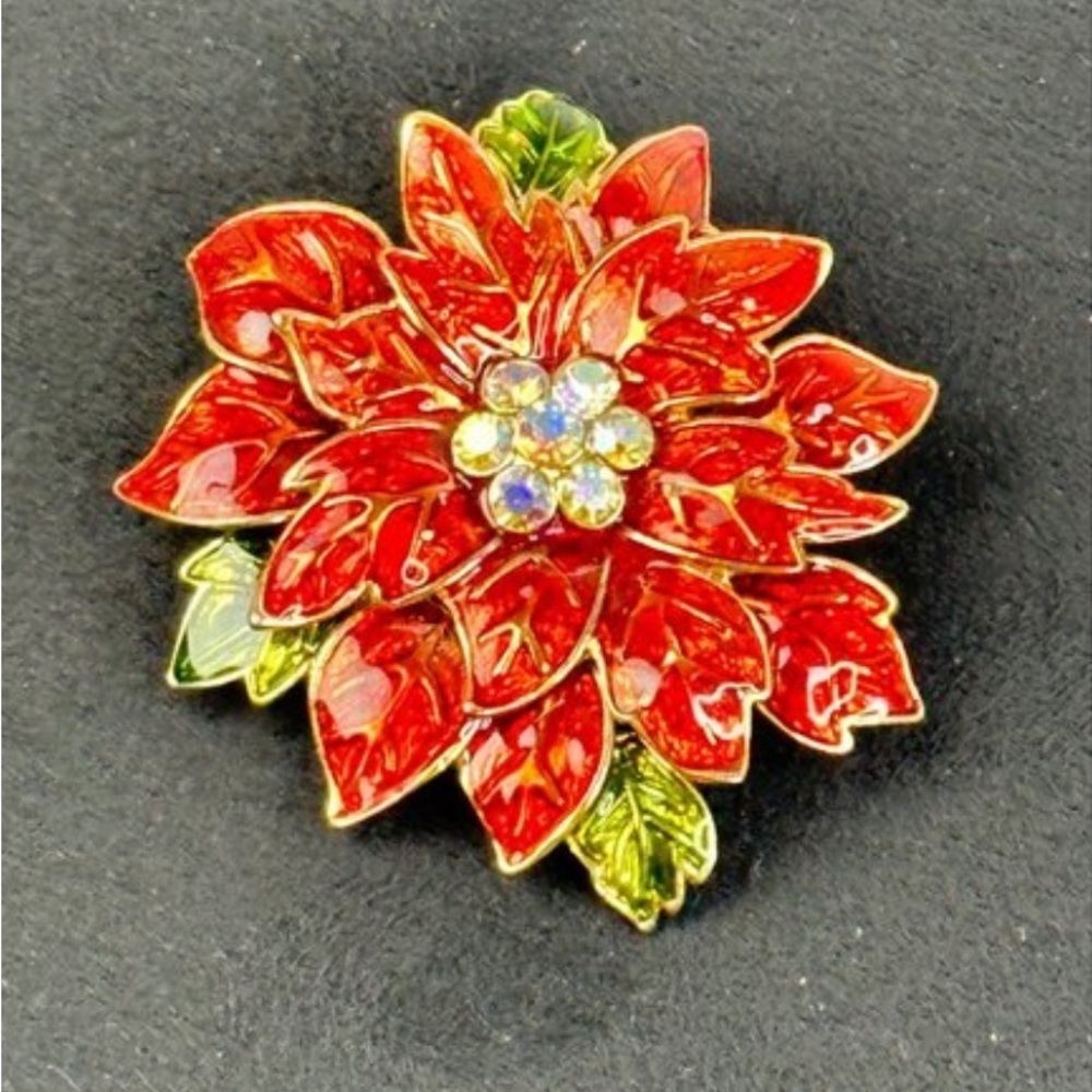 KC Signed Red Poinsettia Flower Brooch Pin Rhinestone Crystal Goldβ Tone Holiday